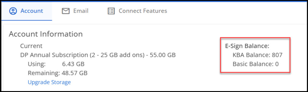 Account information showing E-Signature bank balances.